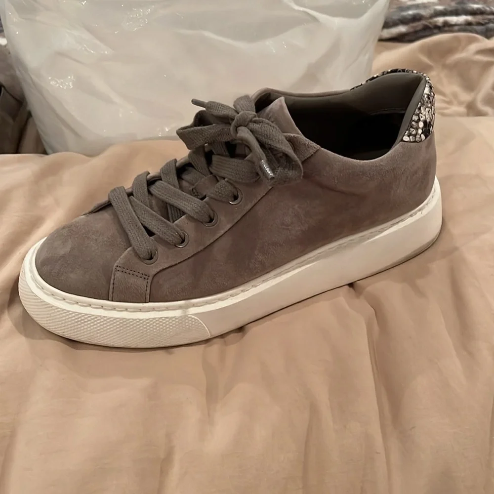 VINCE Gray Suede with Snake Print Heel Lace Up Platform Sneakers